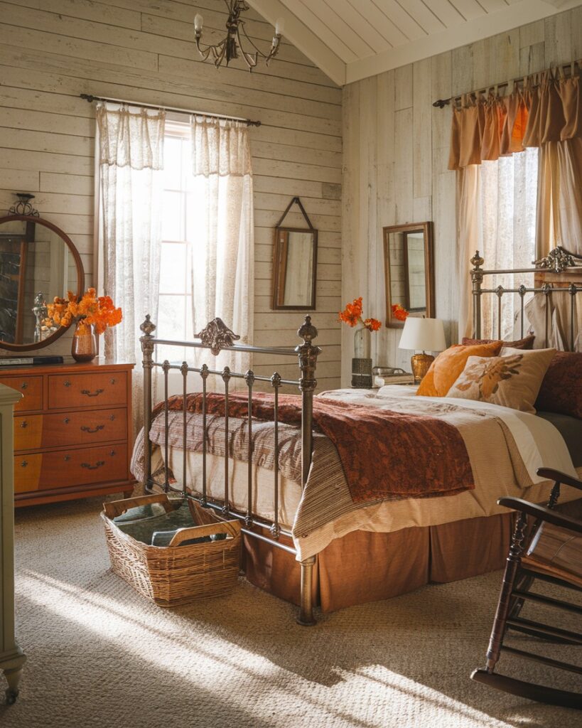 Victorian bedroom with iron bed and white shiplap walls