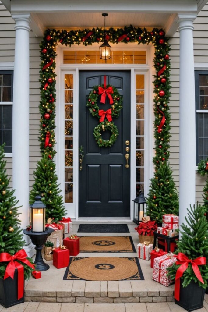 Black door with triple wreath display and wrapped gifts on porch