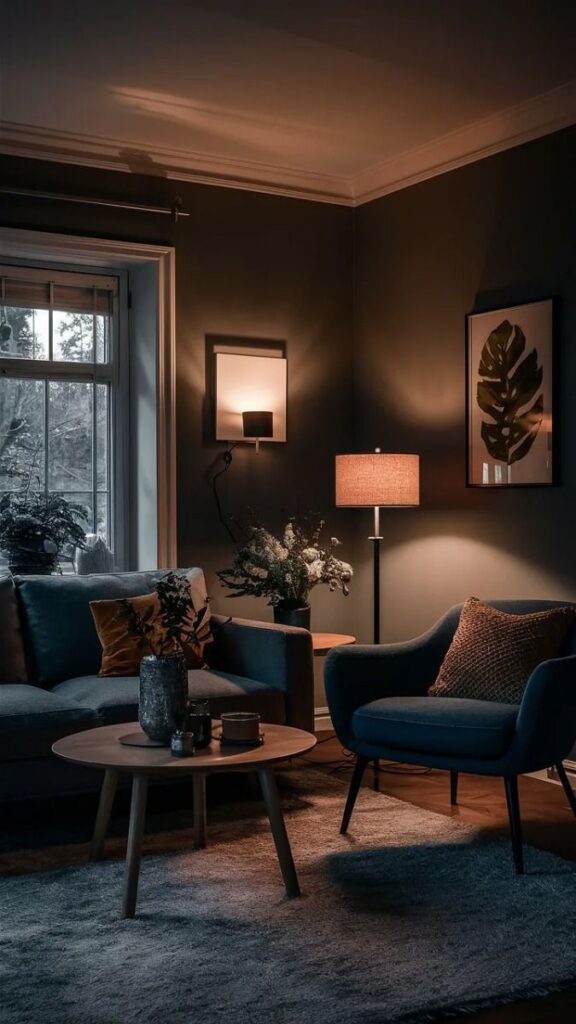 Dimly lit dark living room with cozy seating and warm lamps