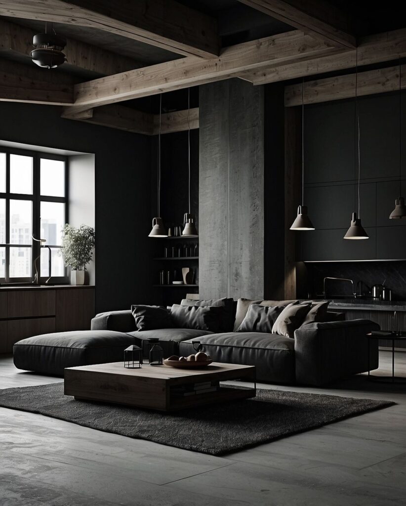 Dark living room with exposed beams and large gray sectional sofa.