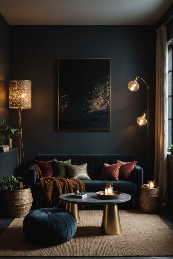 Dark cozy living room with golden accents