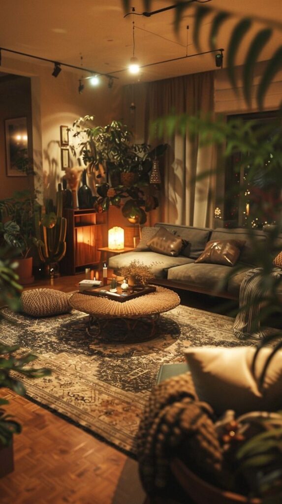 Cozy living room with soft lighting plants