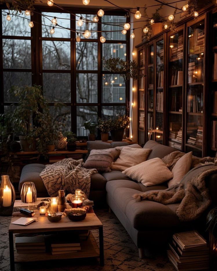 Cozy book nook with string lights plants and candles at twilight