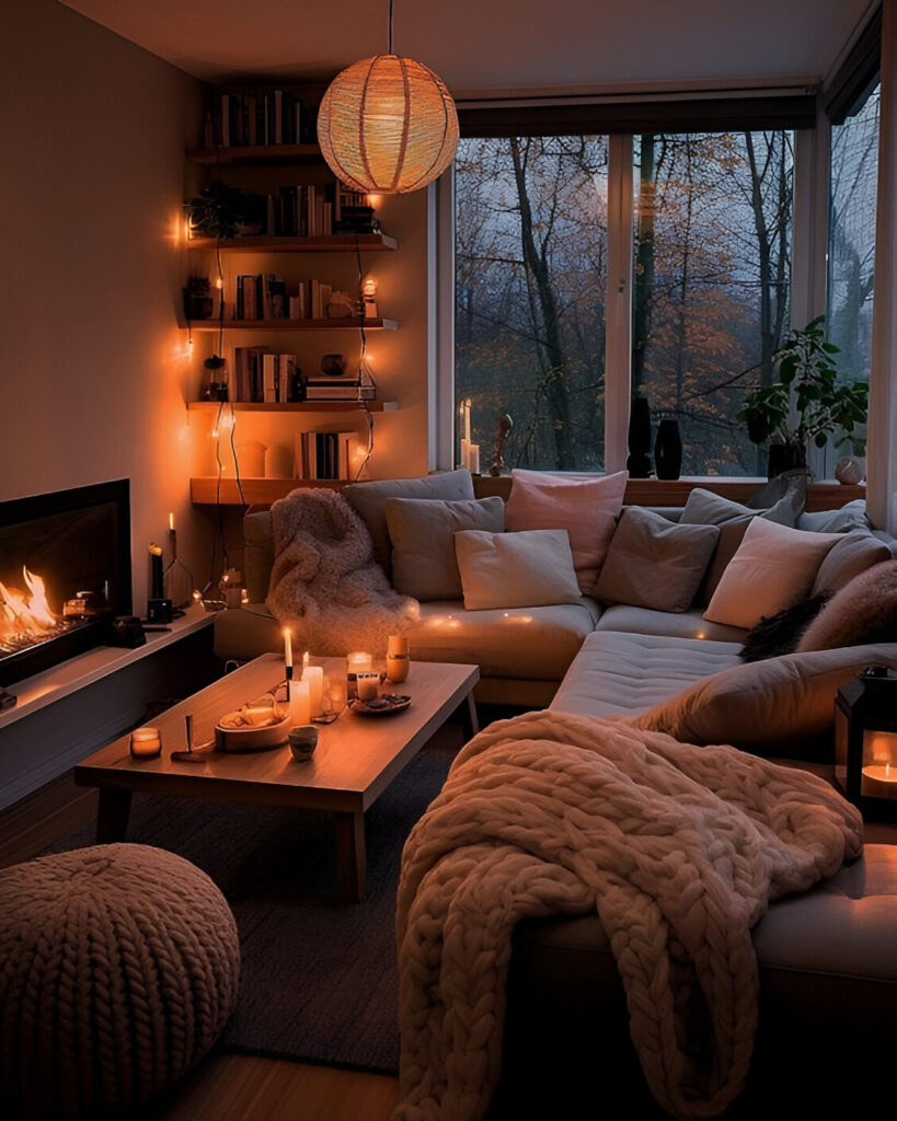 Cozy living room at twilight with fireplace and large windows