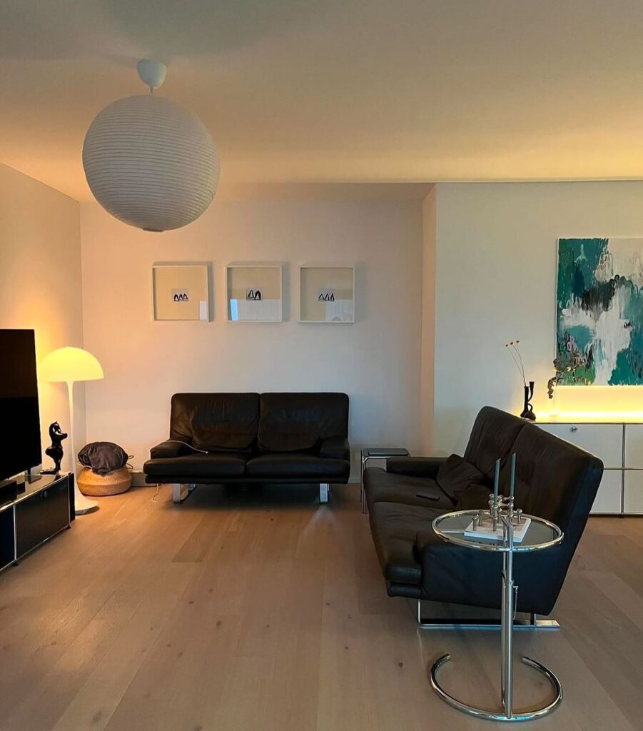 Minimalist living room with dark sofas and warm lighting.