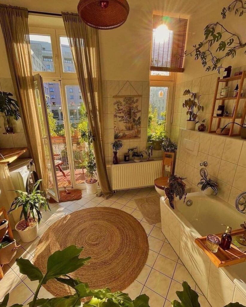 Sunlit urban bathroom with autumnal decor elements.