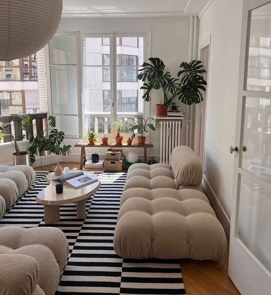 Bright living room with plants and comfy seating