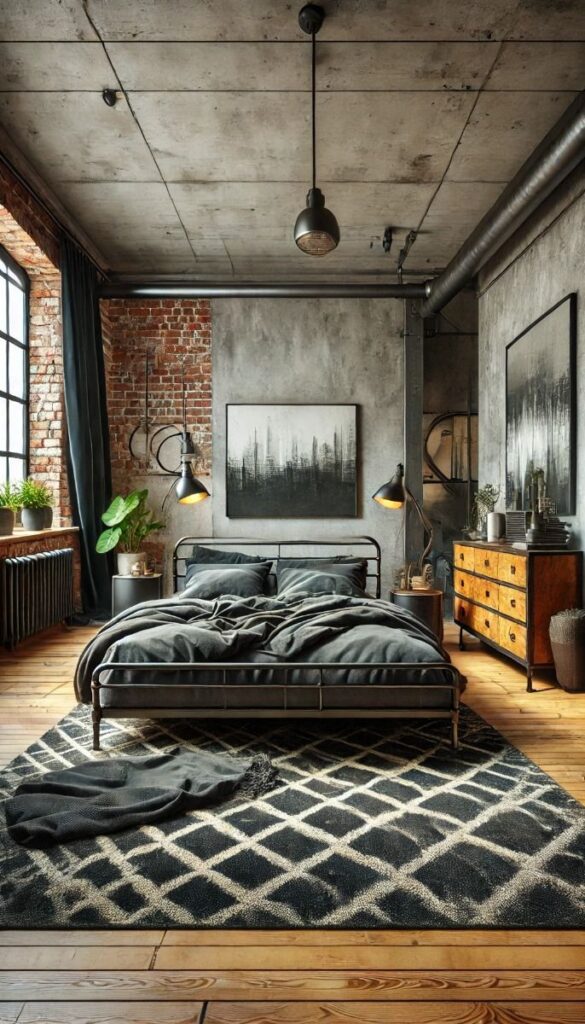 Industrial bedroom with brick walls and concrete ceiling