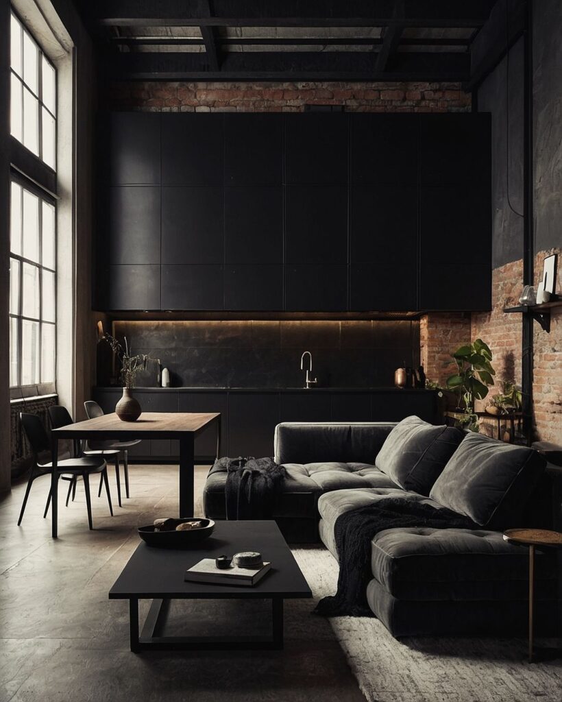 Dark industrial loft with black kitchen and gray sofa.