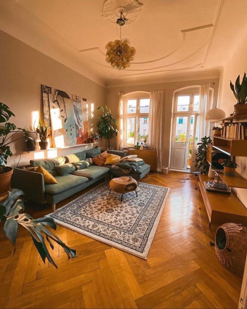 Sunlit bohemian living room with blue sofa, plants, and eclectic decor.