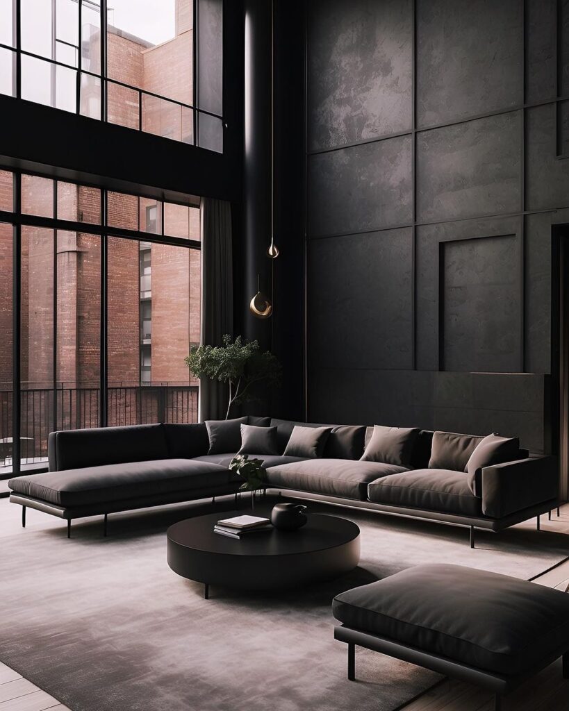 Dark modern living room with large windows overlooking brick buildings