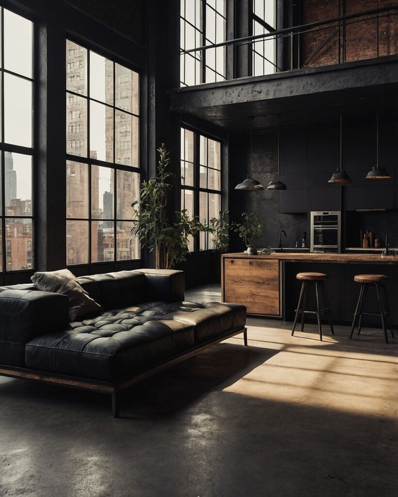 Sunlit black loft living room with city view and wooden kitchen island.