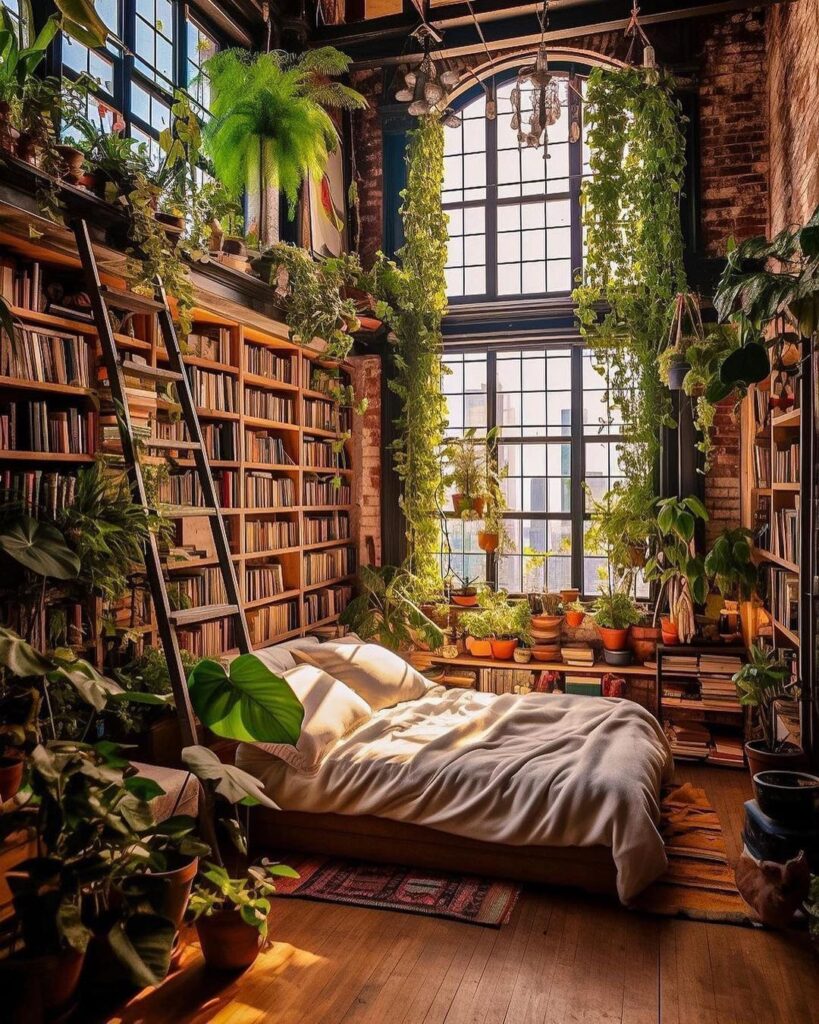 Loft bedroom with floor-to-ceiling bookshelves and abundant plants.