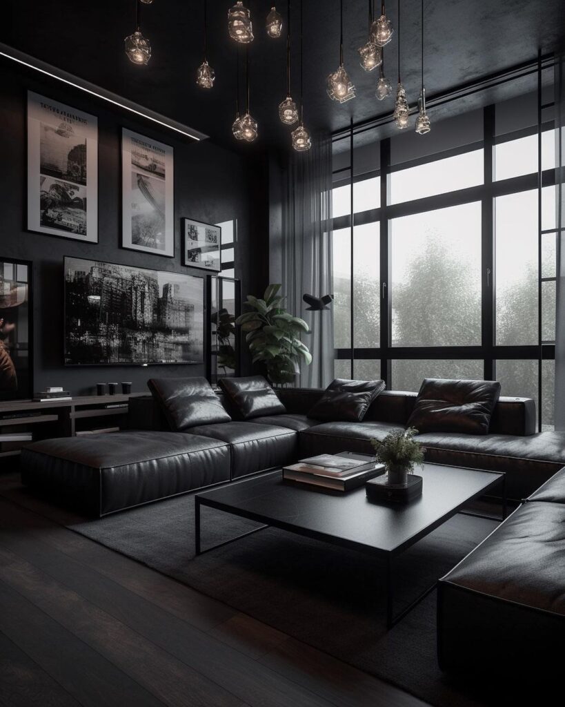 Moody black living room with hanging lights and large windows.