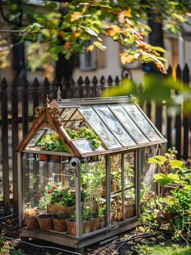 Ornate miniature greenhouse with plants beside iron fence