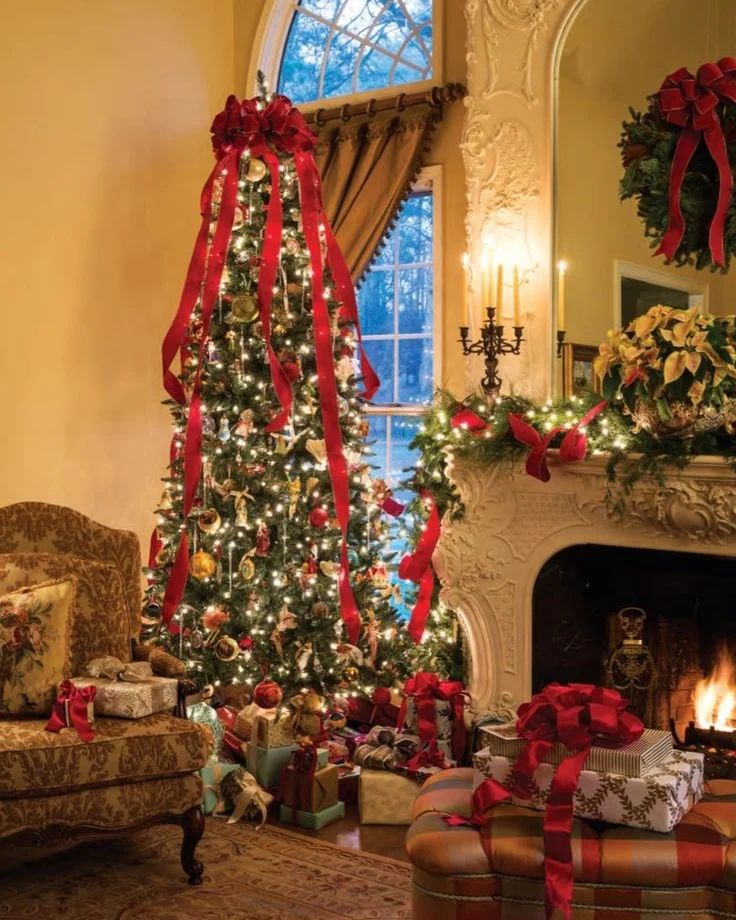  "Elegant Victorian room with ribbon-draped Christmas tree and lit fireplace"