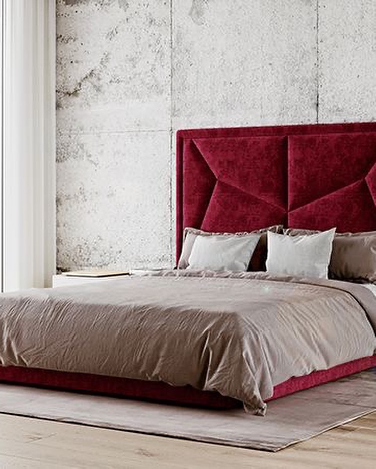 "Geometric burgundy headboard with gray bedding contemporary-Victorian"