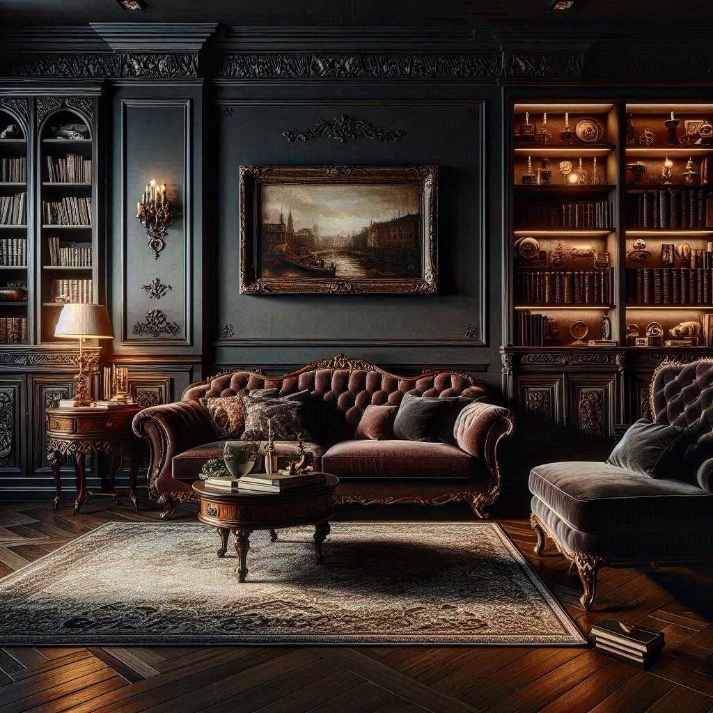 Dark Victorian-style living room with ornate furniture and bookshelves