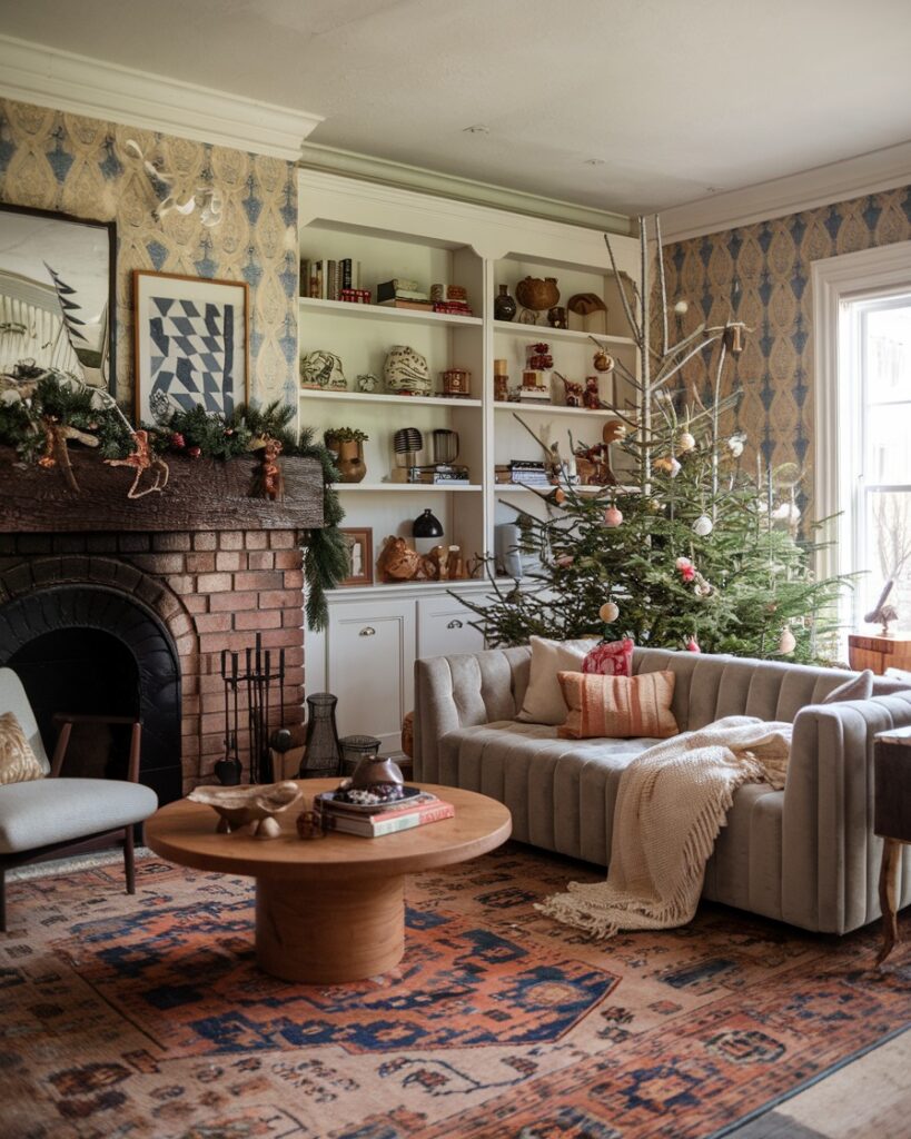 "Cozy brick fireplace living room with Christmas tree and vintage decor"