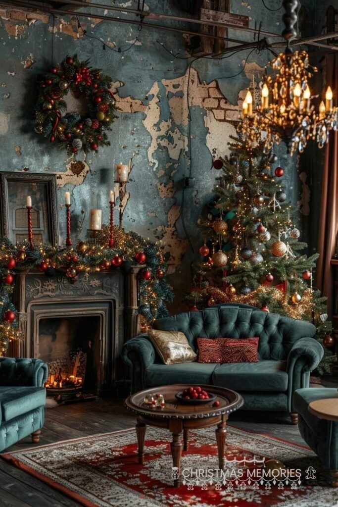 Rustic elegant Christmas room with teal sofa and decorated tree