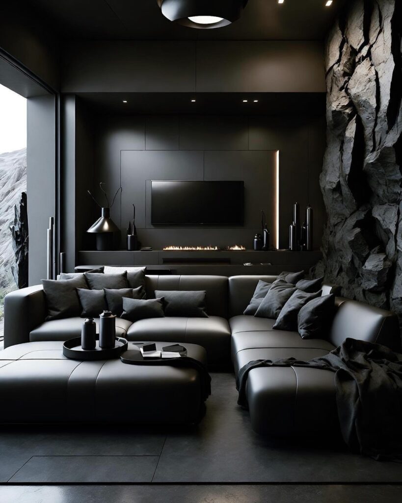 Luxurious black living room with stone wall and fireplace