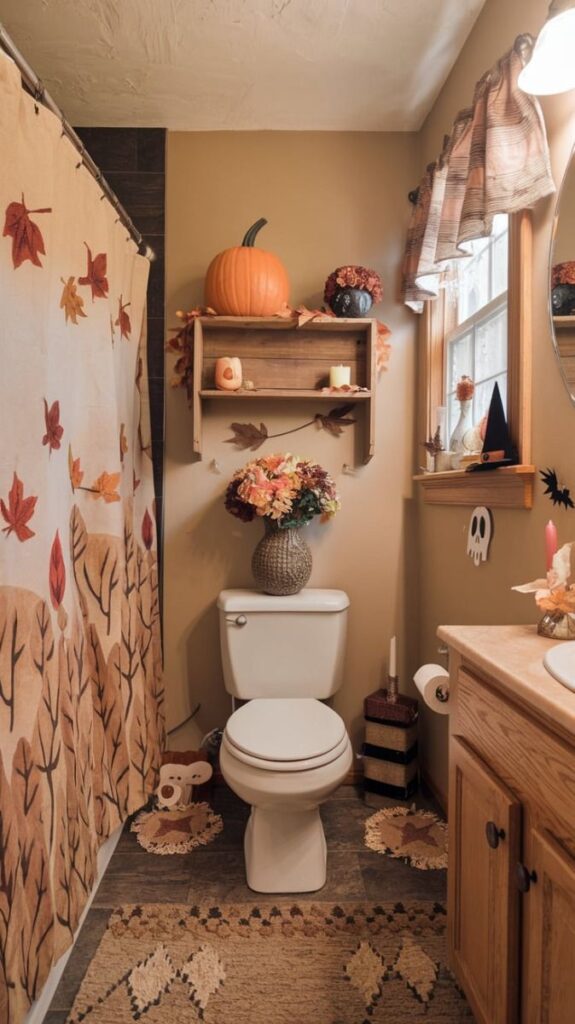 Small bathroom decorated with autumn leaves and pumpkins