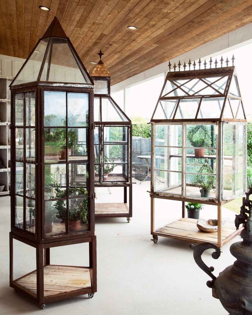 Three vintage-style glass terrariums on wheels indoors