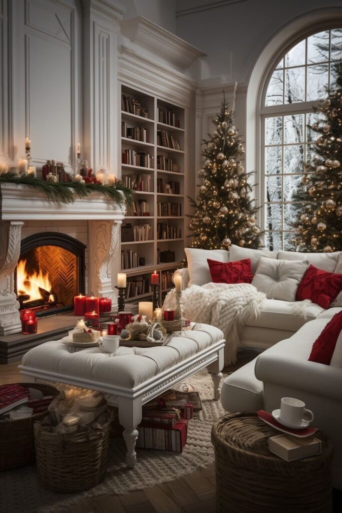 Cozy white Christmas room with library fireplace and candlelight