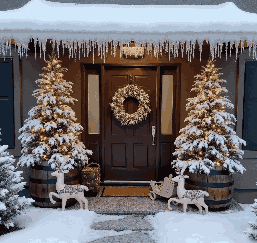  Snowy flocked trees in barrels flank brown door with white reindeer