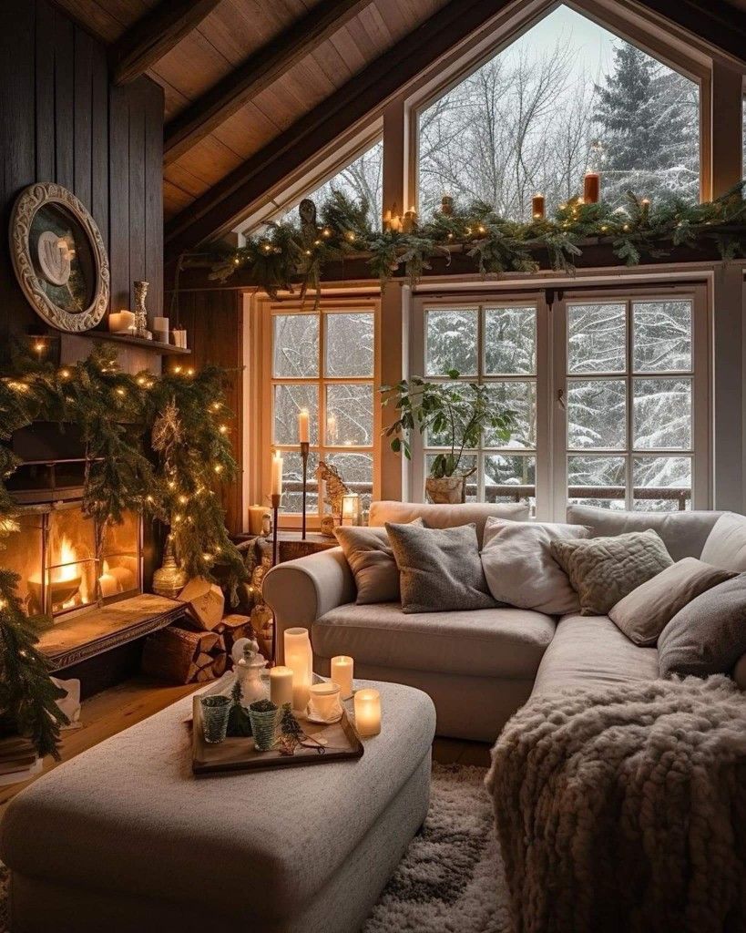 Cozy winter living room with fireplace snowy view and festive decor