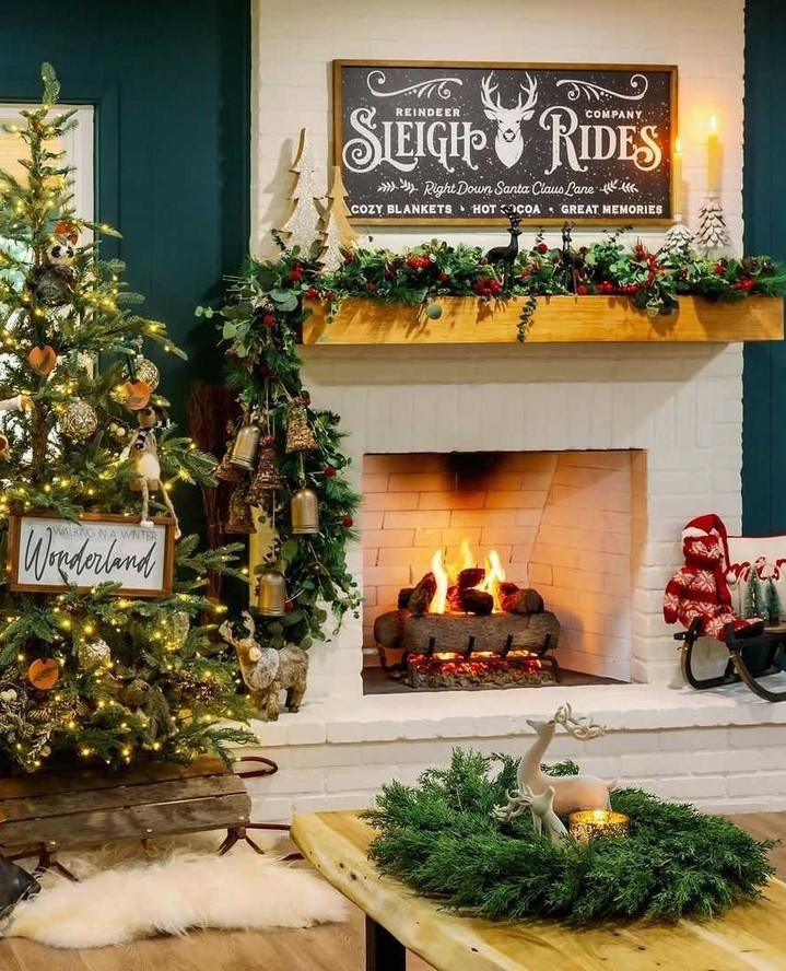 Cozy Christmas fireplace with sleigh rides sign and decorated tree