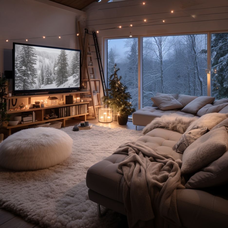 Cozy living room with snowy view and large TV