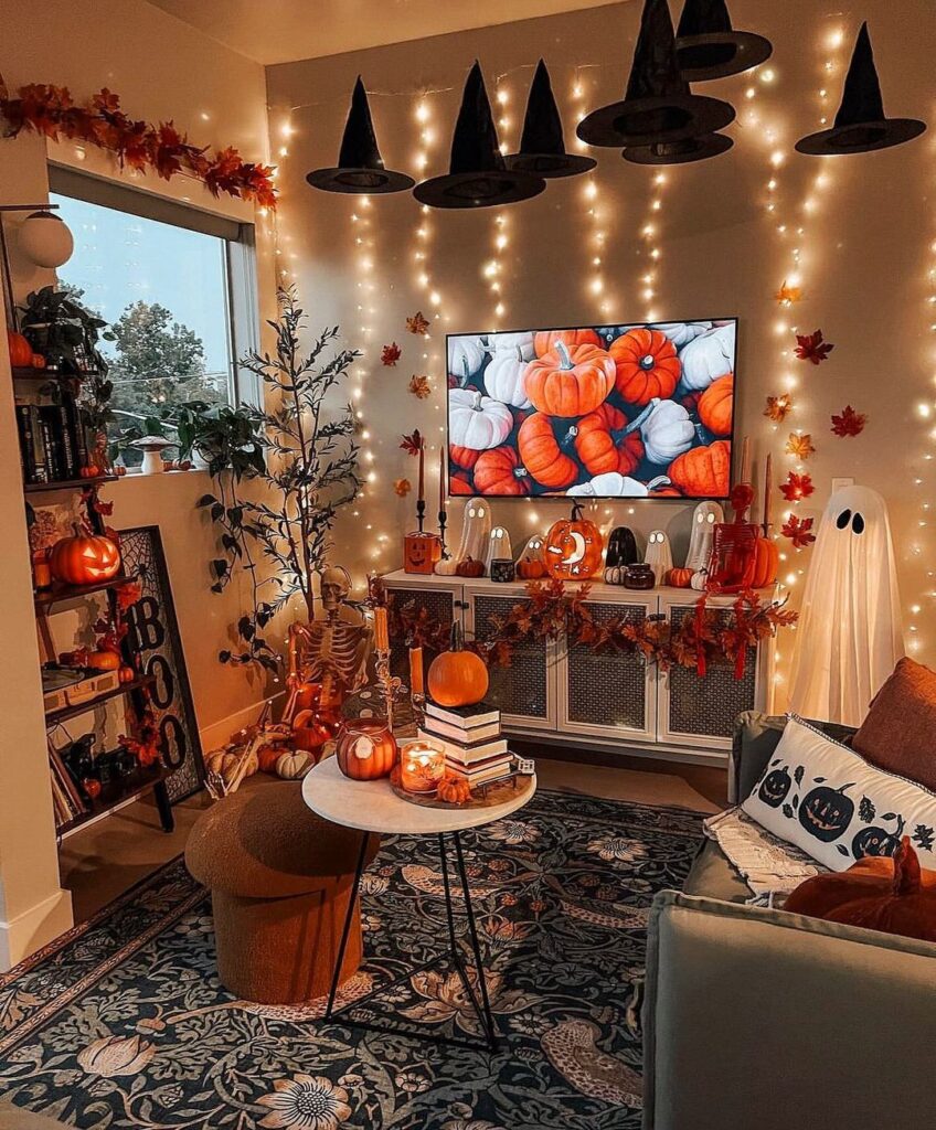 Halloween-themed living room with witch hats and pumpkins