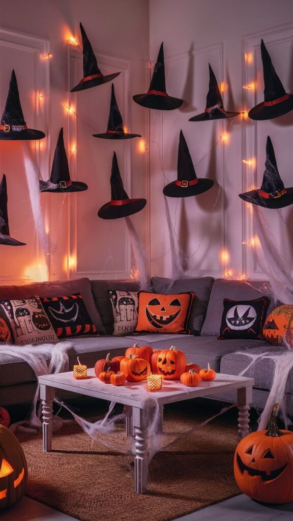 Witch hats, lights, and pumpkin decorations