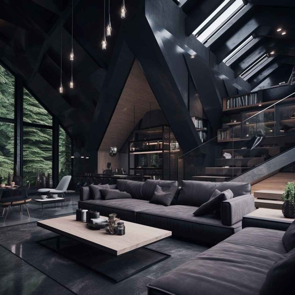 Modern black living room with high ceilings and forest views