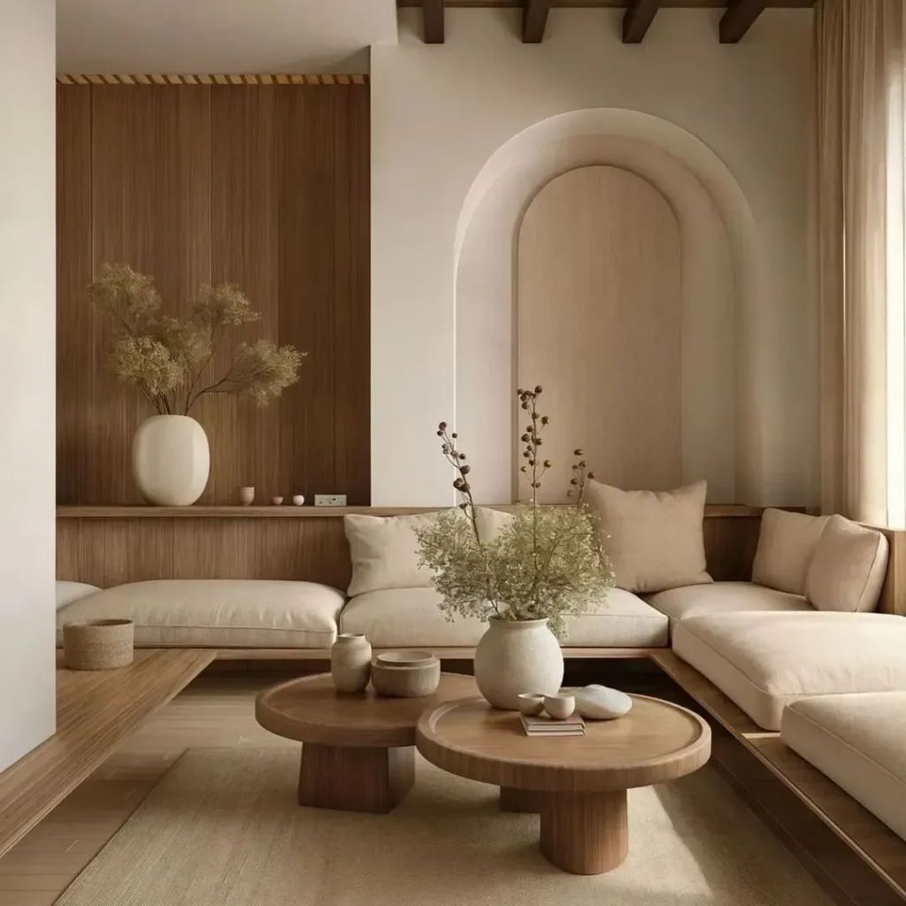 Minimalist living room with wooden accents cream sofa and arched alcove