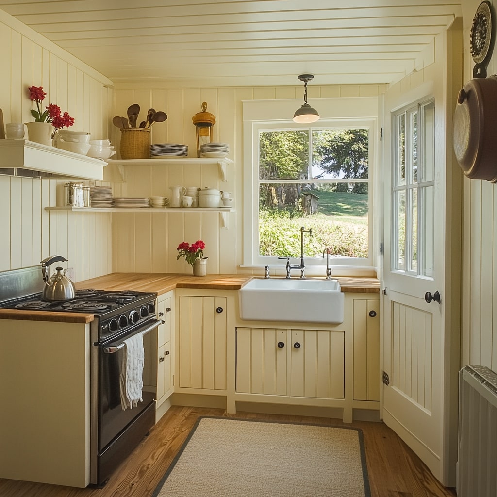 Cream colored farmhouse kitchen with apron sink wooden countertops and open shelving