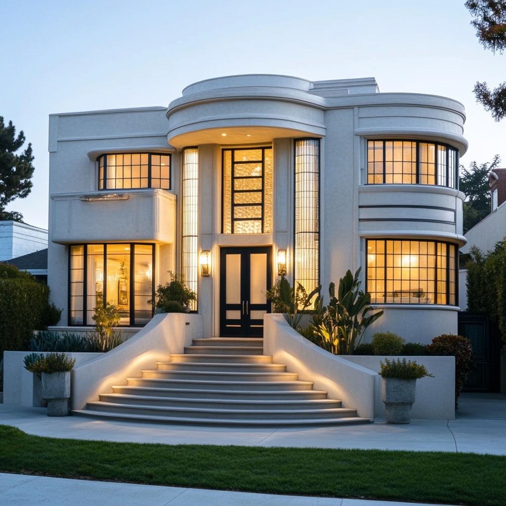 White modern mansion with curved windows and illuminated grand entrance steps