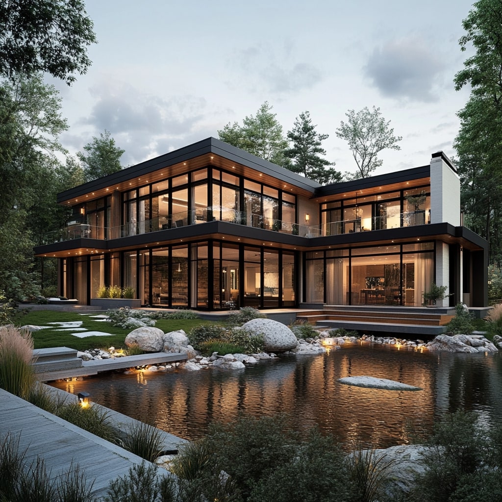 L shaped modern house with glass walls wooden details and lakeside garden