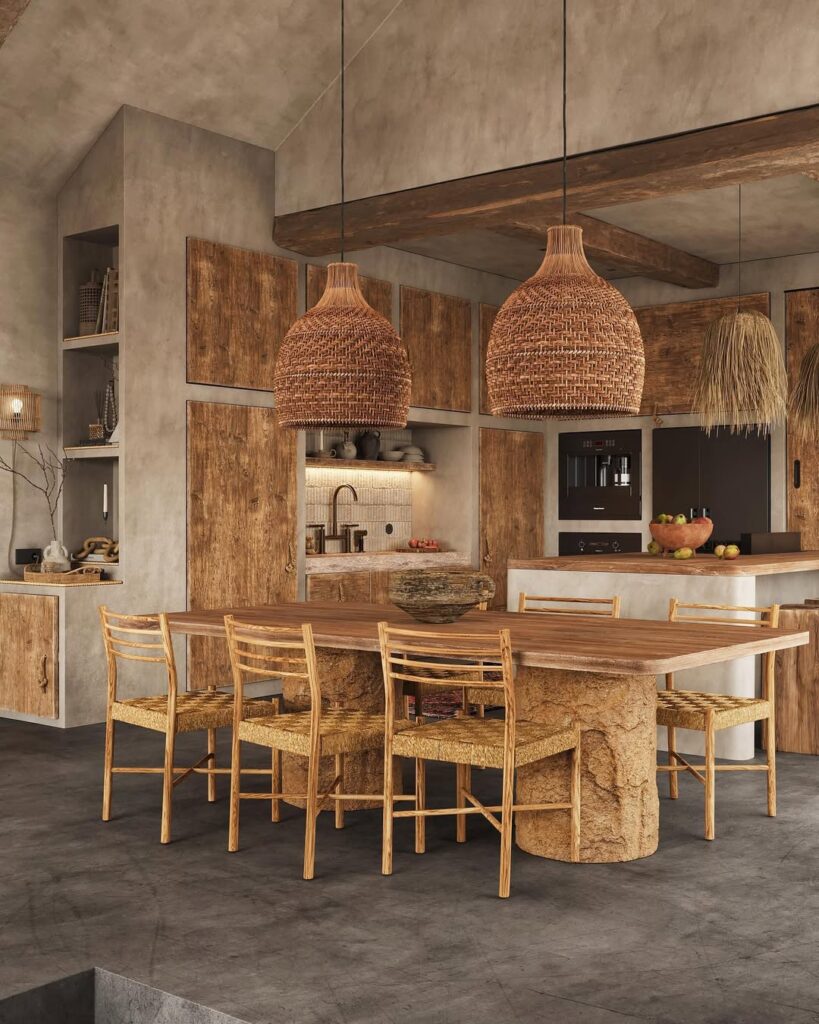 Rustic kitchen dining area with woven lights and wooden furniture