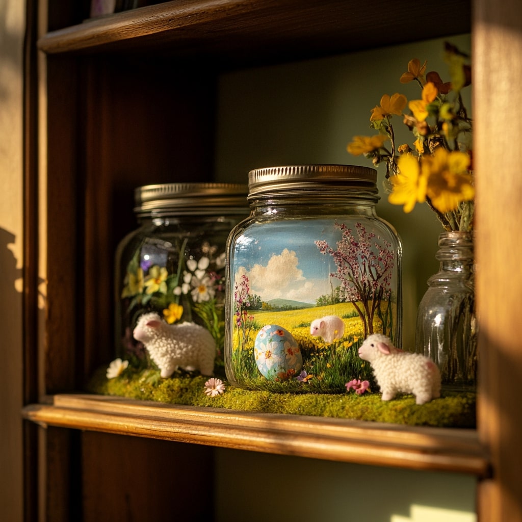 Mason jar diorama with painted spring scene miniature lambs and moss