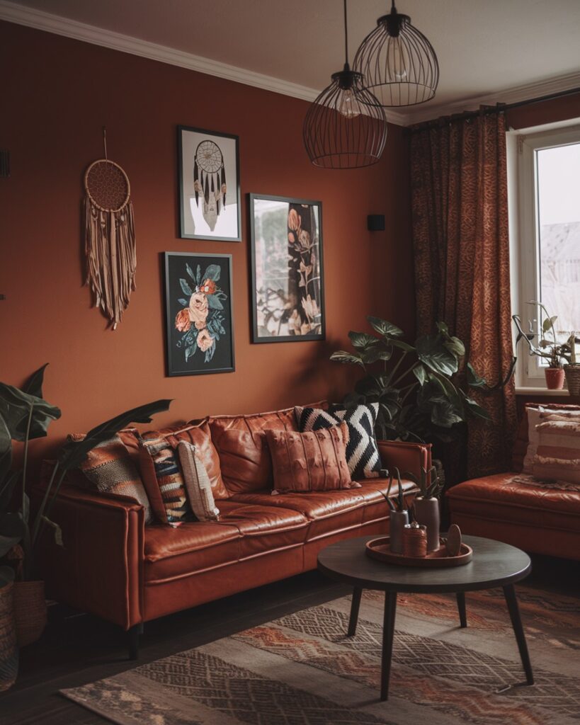 Terracotta living room with leather sofa dreamcatcher and botanical prints