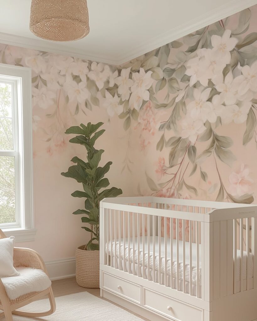 Nursery with floral wallpaper white crib and modern rocking chair