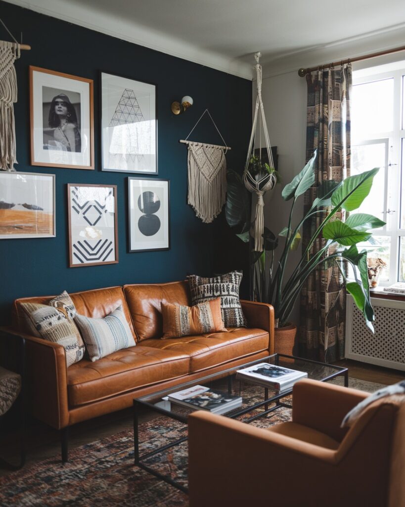  Living room with teal walls leather sofa and black and white gallery wall