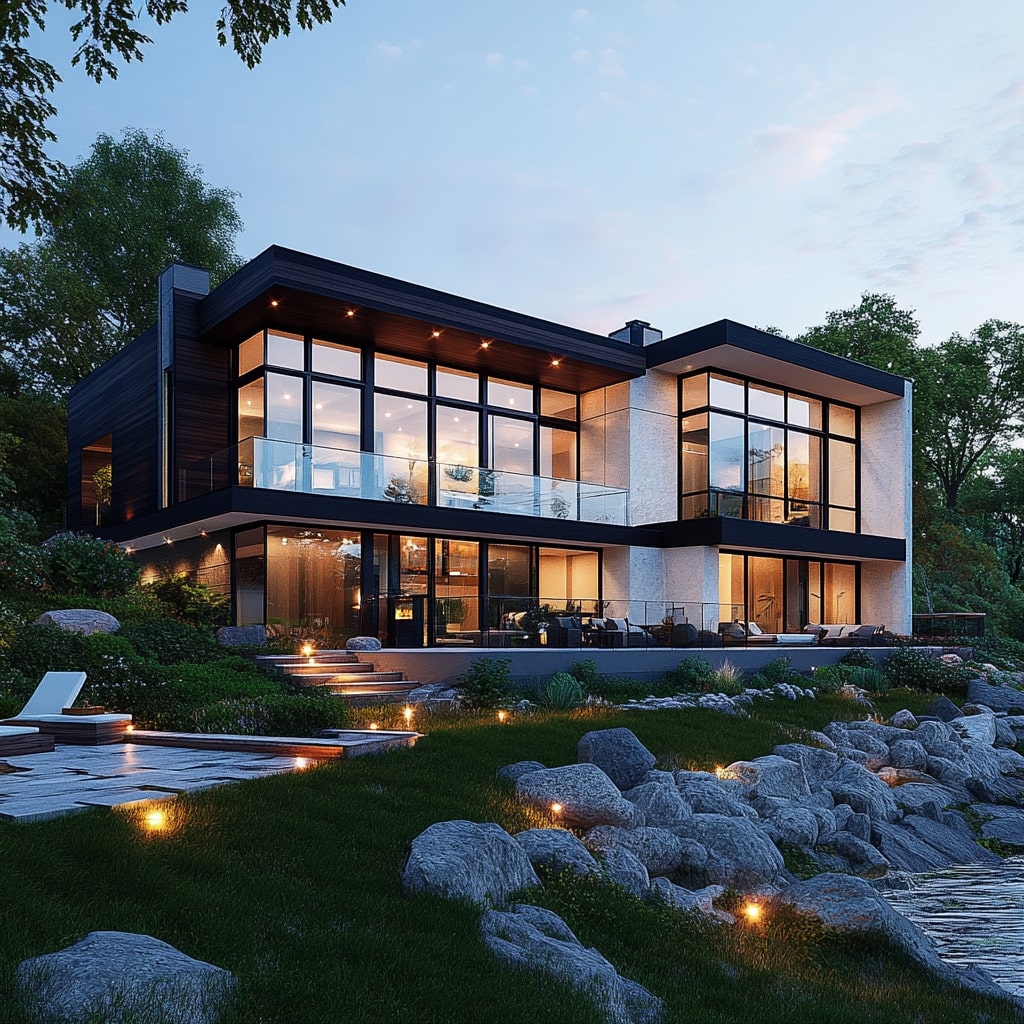 Modern black and white house with glass walls and illuminated rock garden