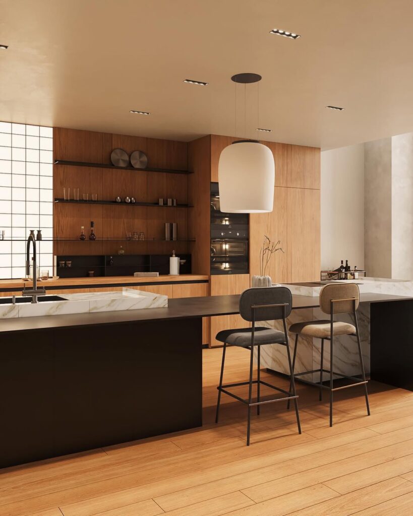 Modern kitchen with marble countertops and wooden shelving display