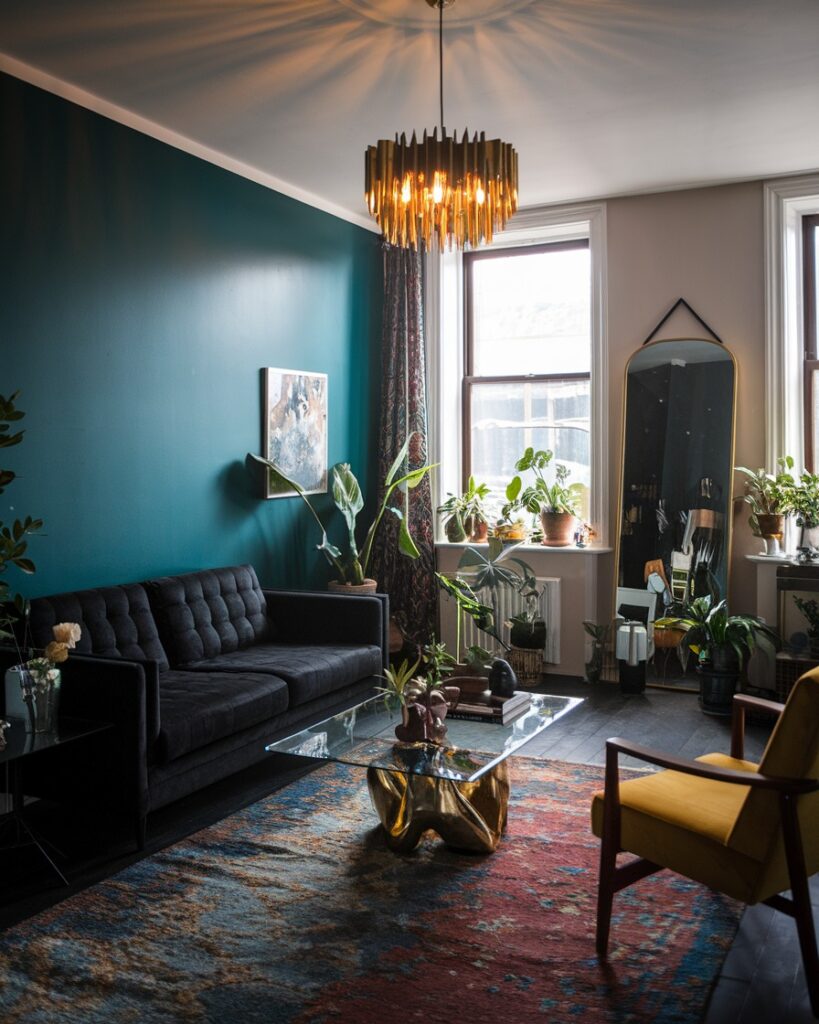 Black velvet sofa with gold chandelier and teal accent wall in modern setting