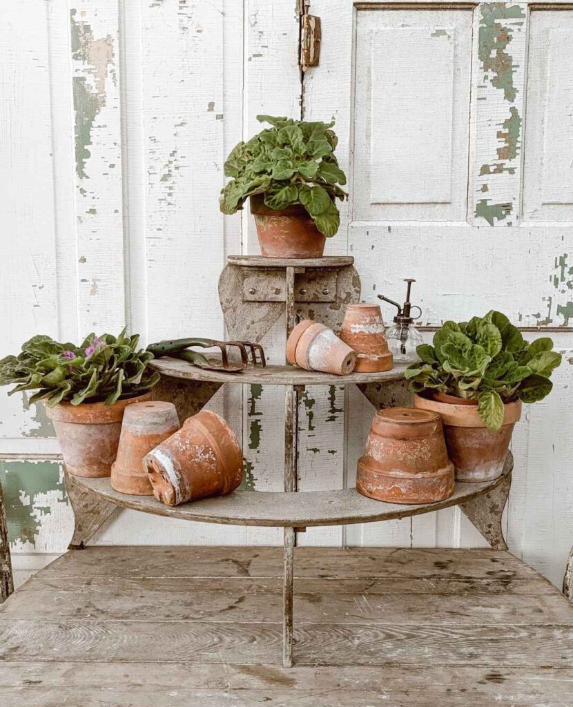  Vintage potting station with weathered wood shelves and terra cotta pots