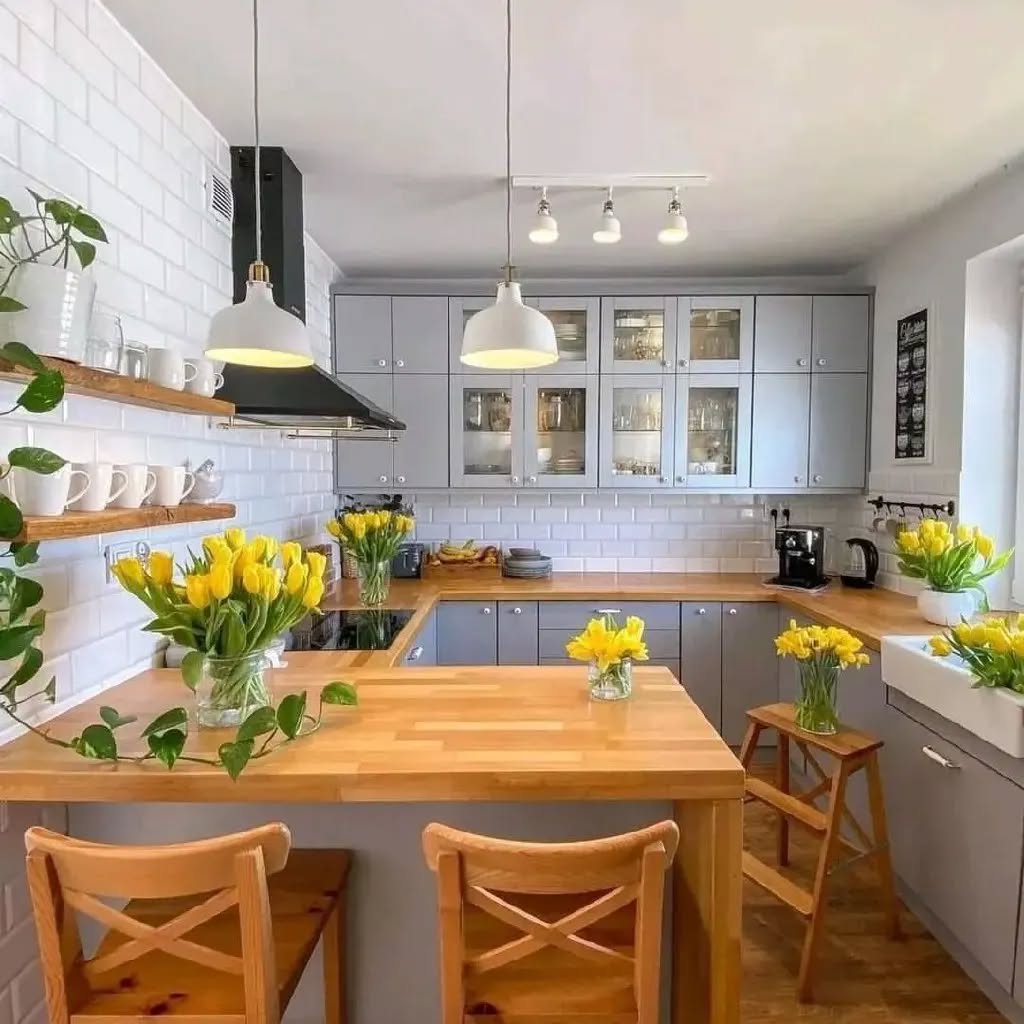 Gray kitchen with wooden counters and yellow tulip displays