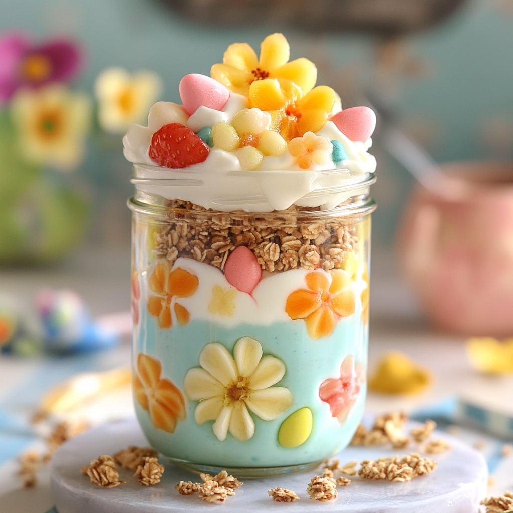 Mason jar parfait with spring flowers and granola layers